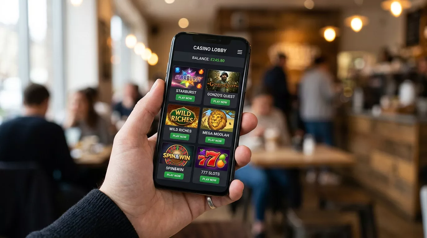 Smartphone displaying a mobile casino browser interface with slot game thumbnails on screen